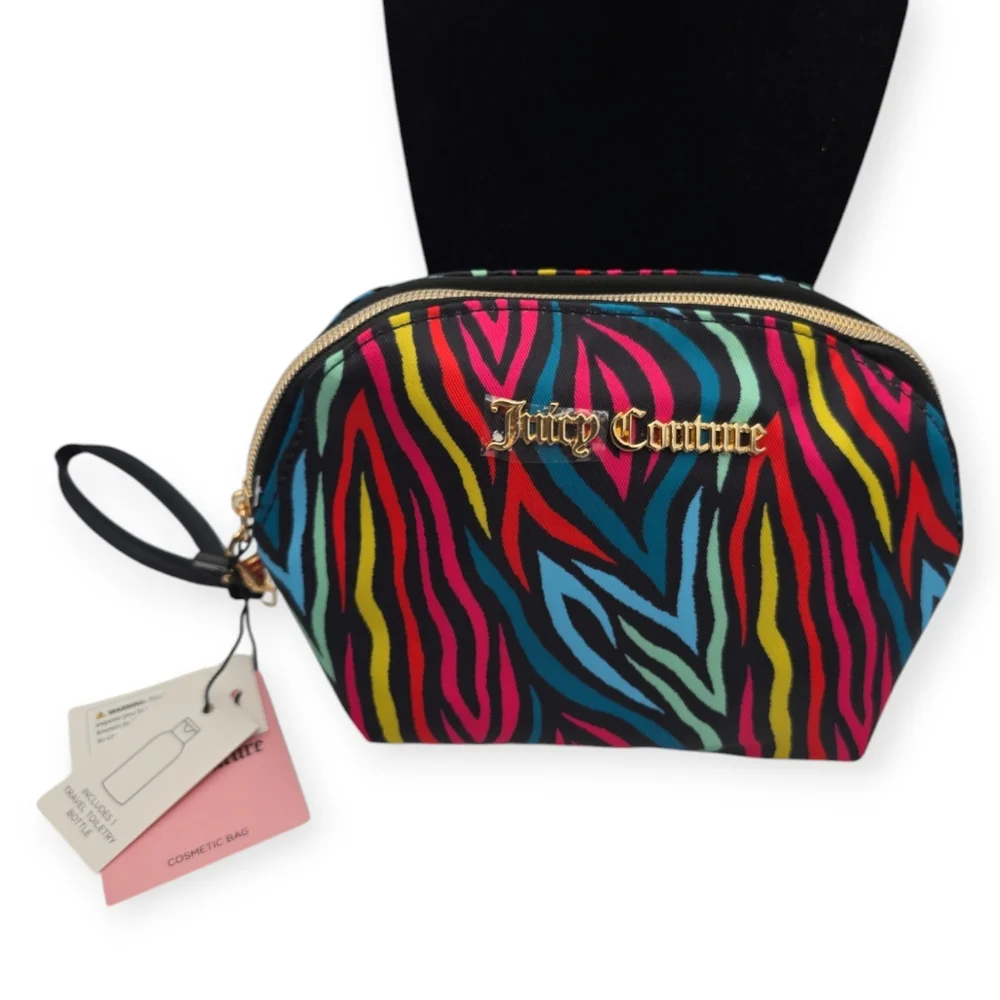 Juicy Couture Rainbow Zebra Print Nylon Small Dome Cosmetic Bag NWT